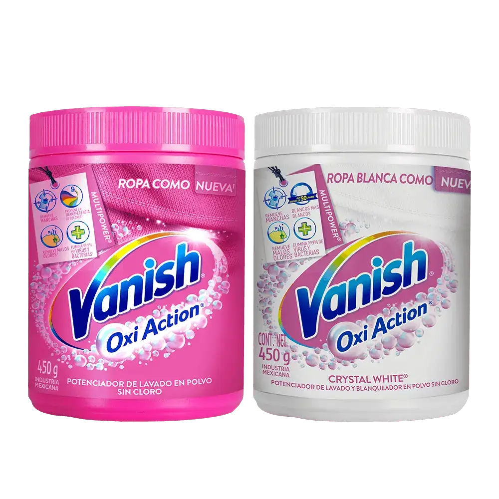 Vanish Oxi Action® Multipower® potenciador de lavado en polvo sin cloro  Vanish Oxi Action® Crystal White® potenciador y blanqueador de lavado en polvo sin cloro