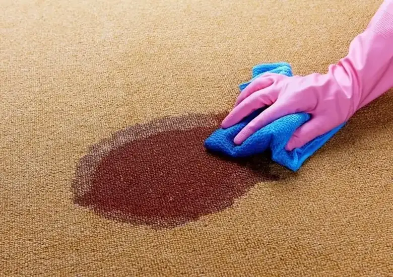 Brazo con guante de plástico rosa limpia con trapo azul mancha en alfombra