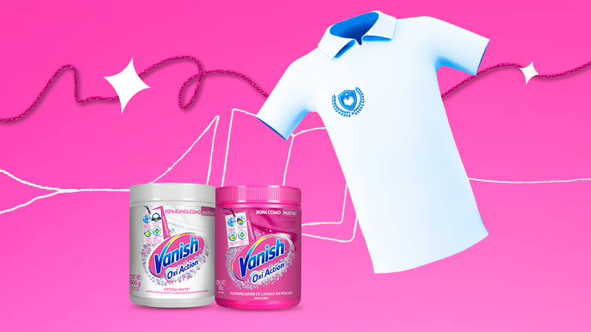 Fondo rosa y logo de Vanish con productos con uniformes escolares