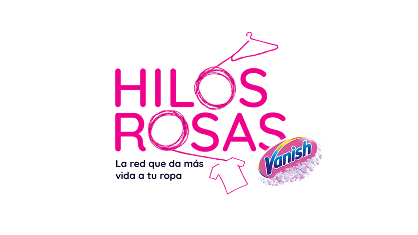 Texto de Hilos Rosas y logo de Vanish con dibujo de gancho y playera