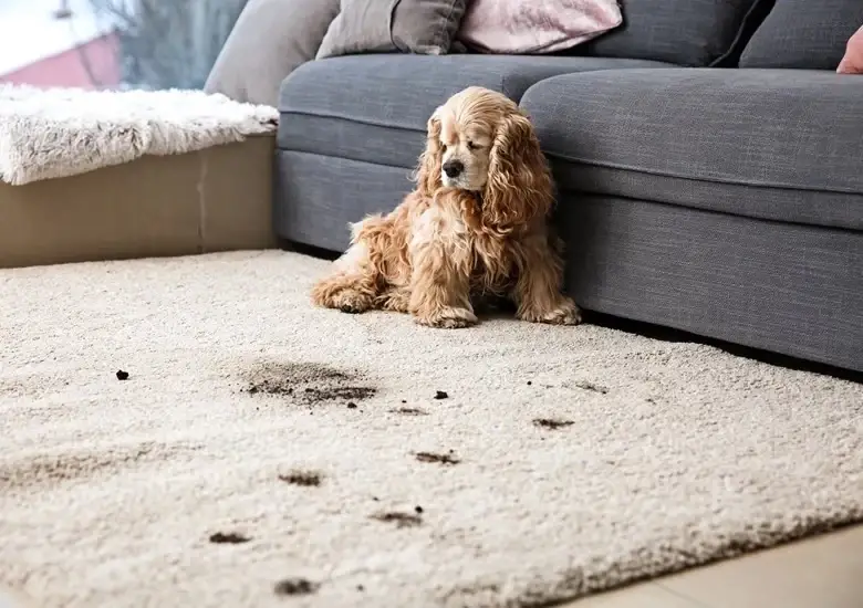 Cachorro cocker color café observa una alfombra con manchas de lodo