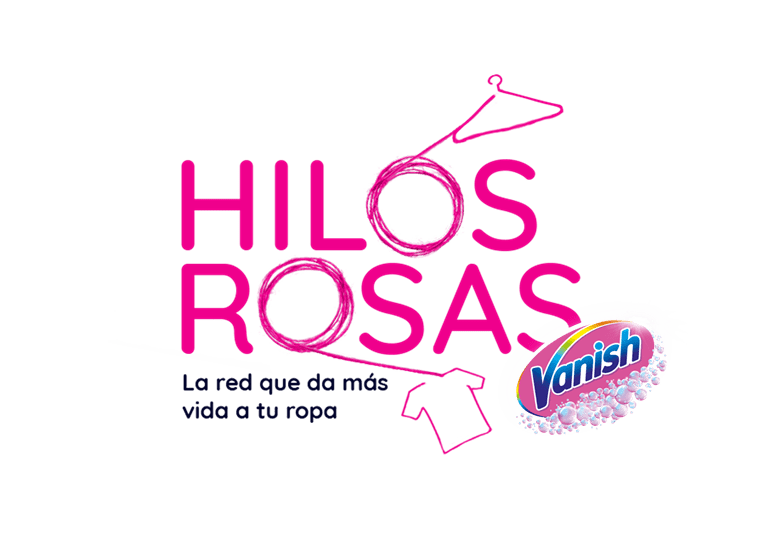 Texto en color rosa Hilos Rosas con logo de Vanish 